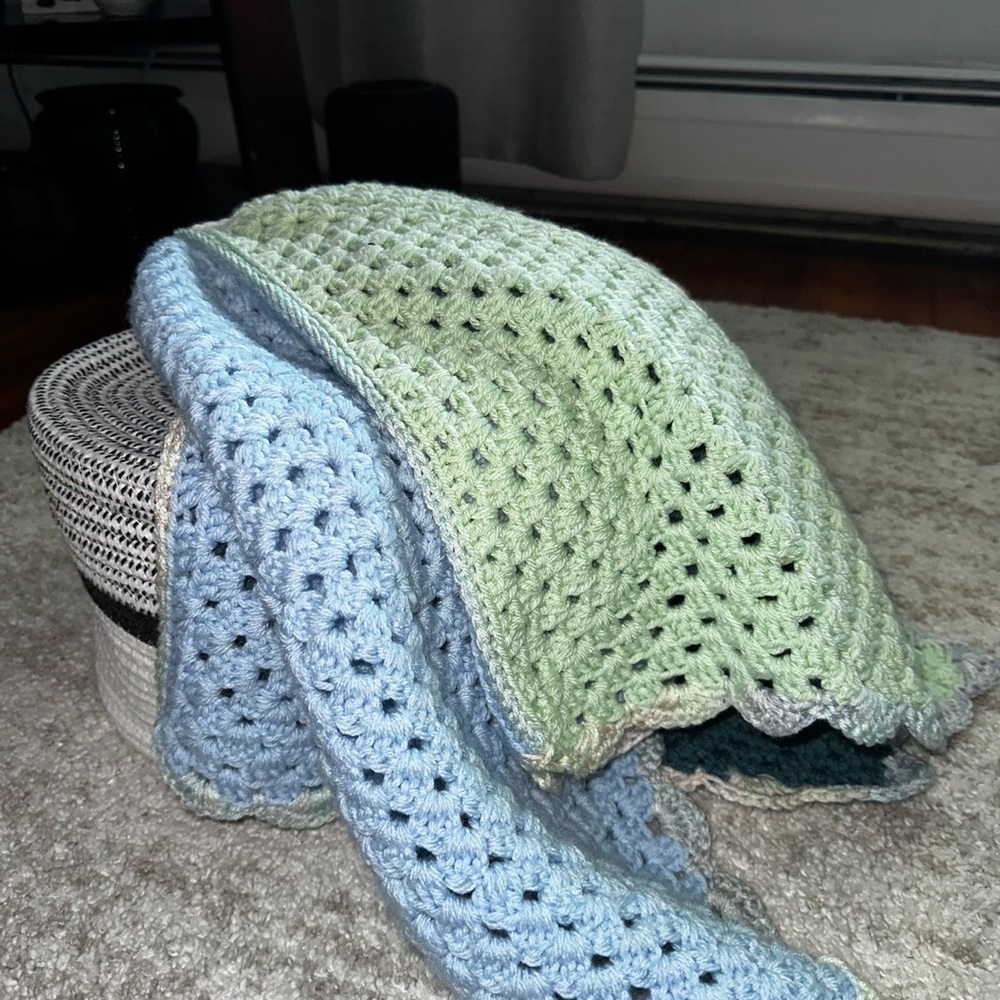 Handcrafted Green and Blue Crochet Throw Blanket